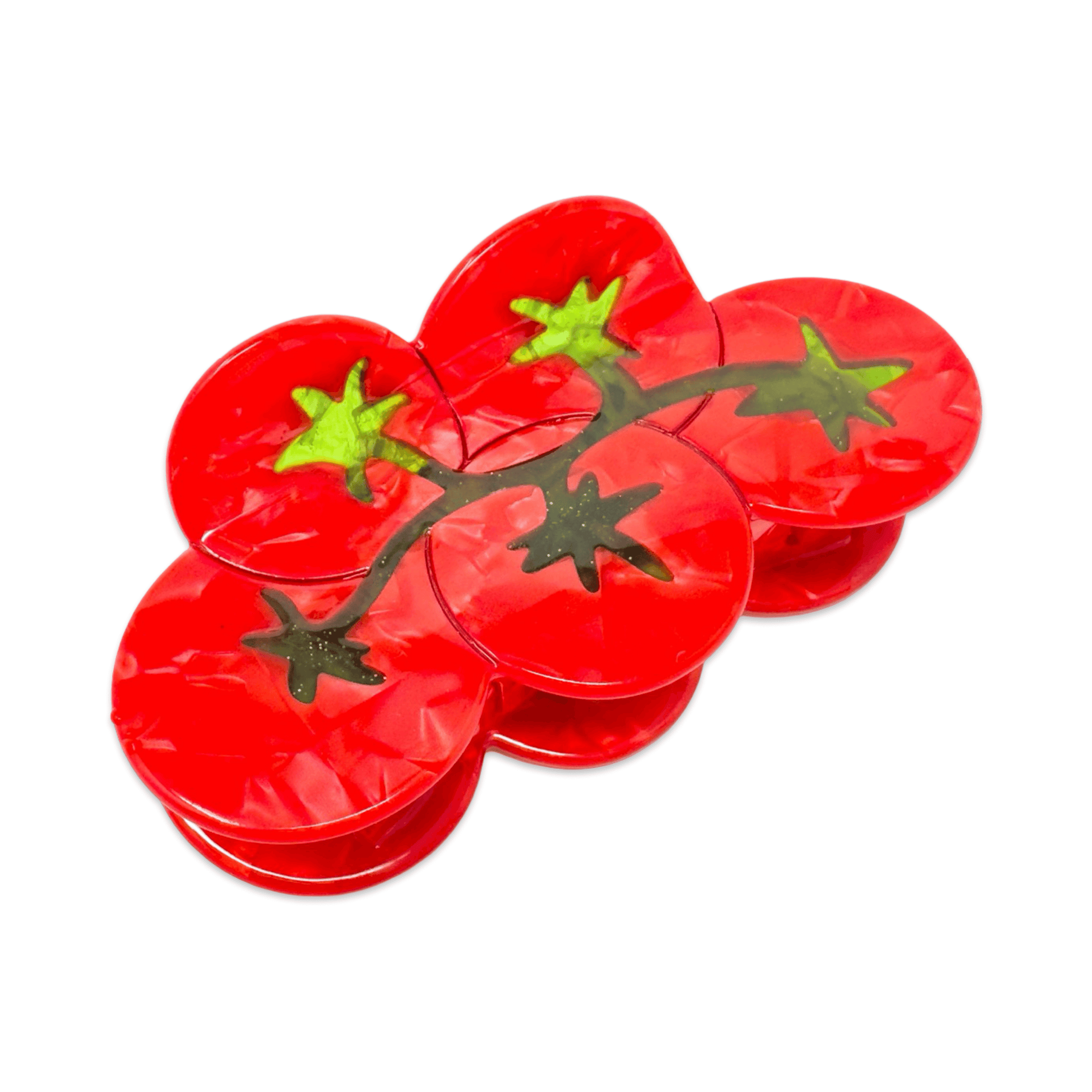 Red tomato-shaped containers with green stems on a white background