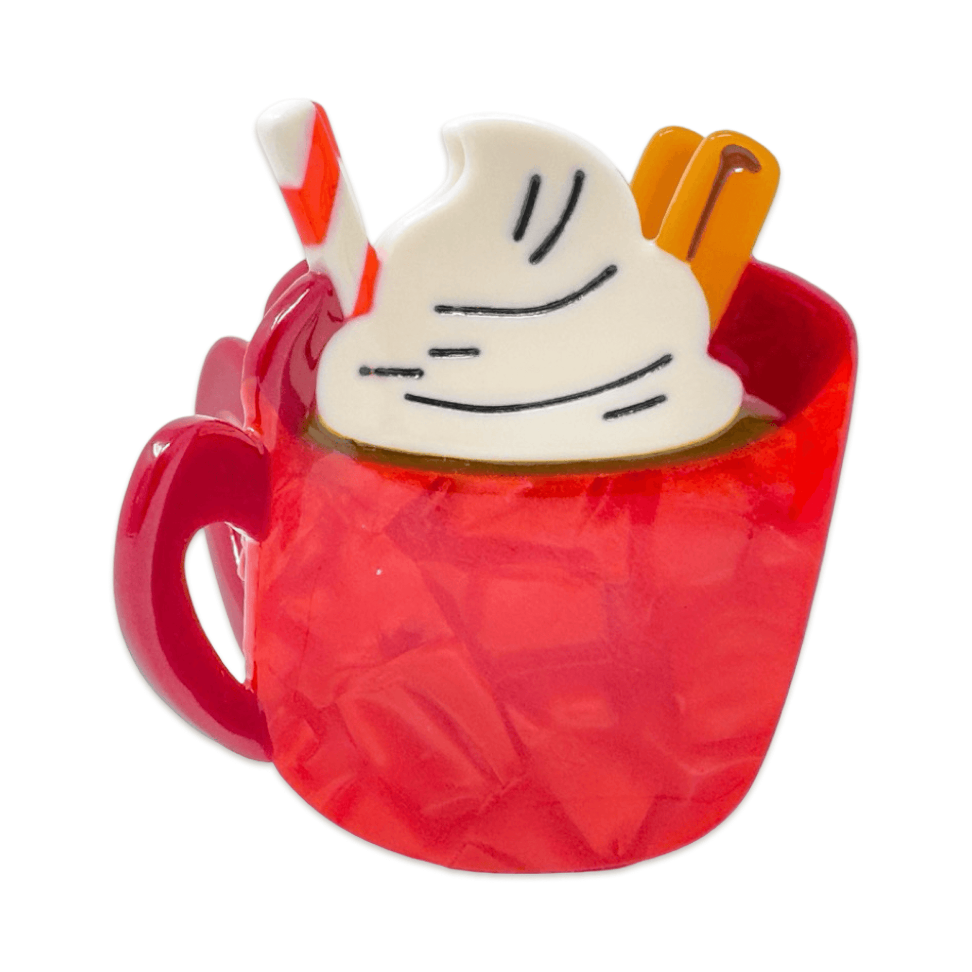 Red mug with whipped cream, cinnamon stick, and red and white striped straw on a white background