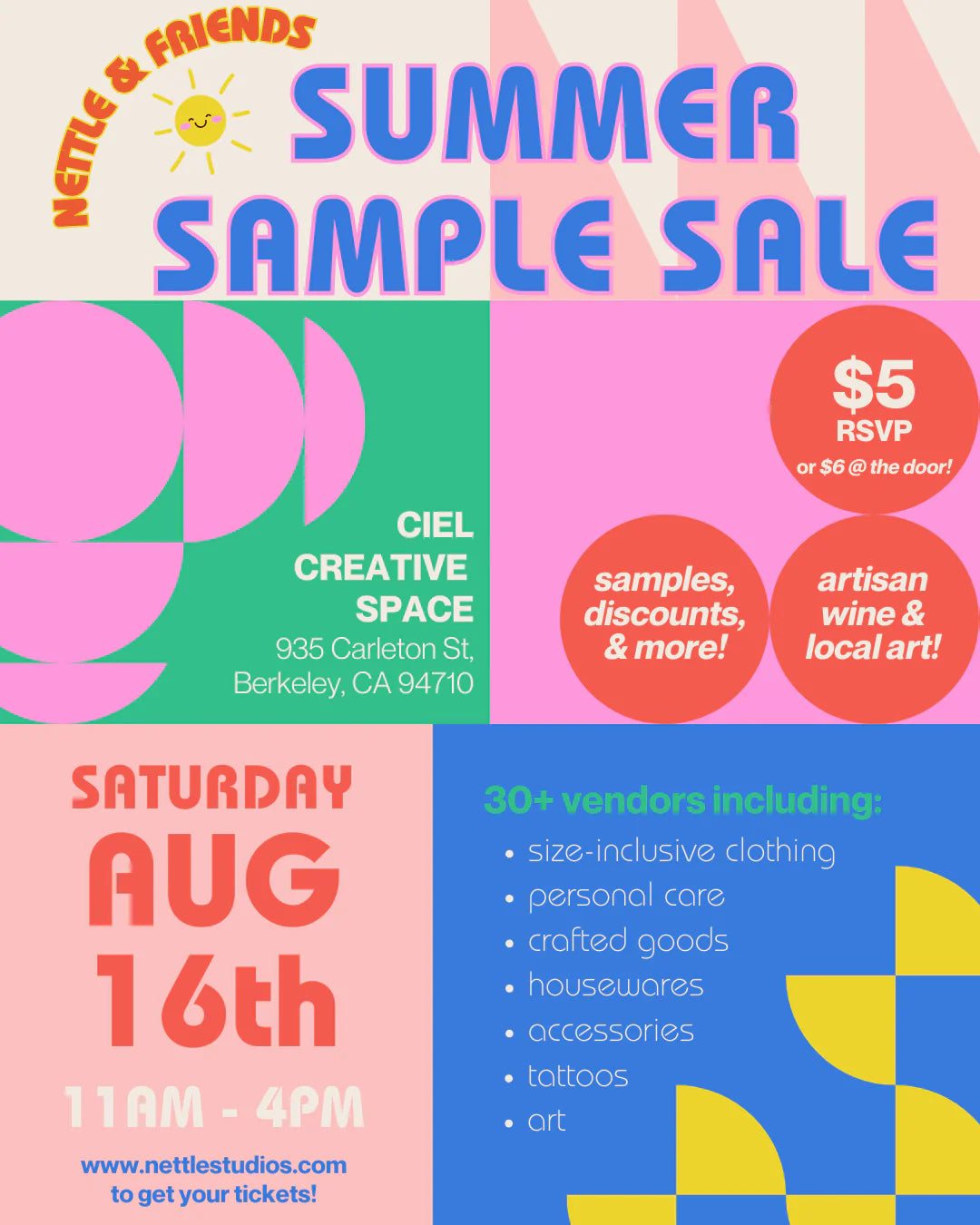 Colorful flyer for a summer sample sale event at Ciel Creative Space.