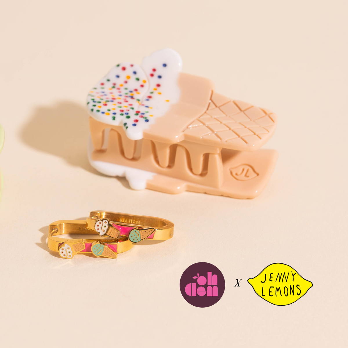 Mini Sprinkle Ice Cream Hair Claw Clip + 3D Ice Cream Cone Huggie Hoops