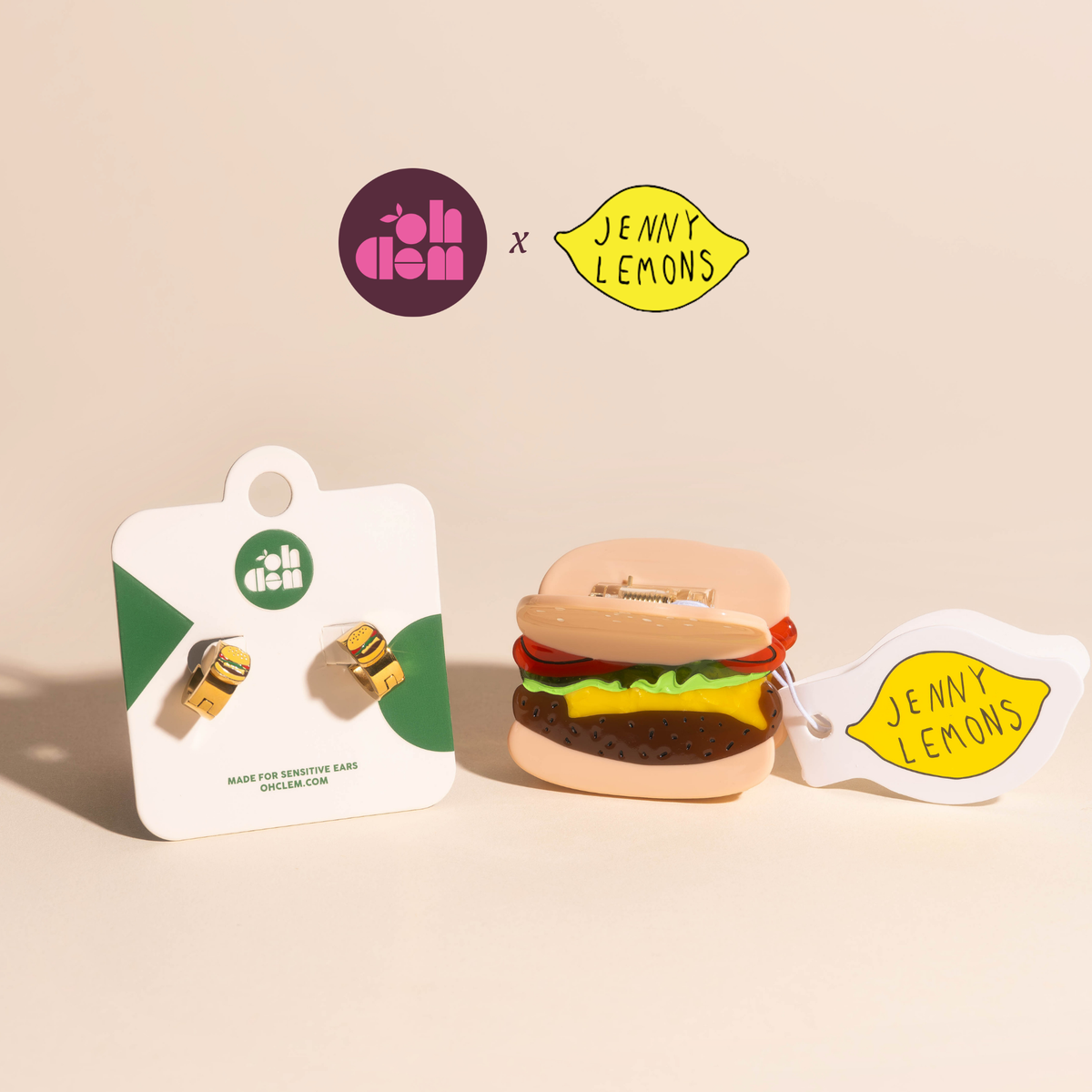 Mini Burger Hair Claw Clip + Super Chunky Hamburger Earrings