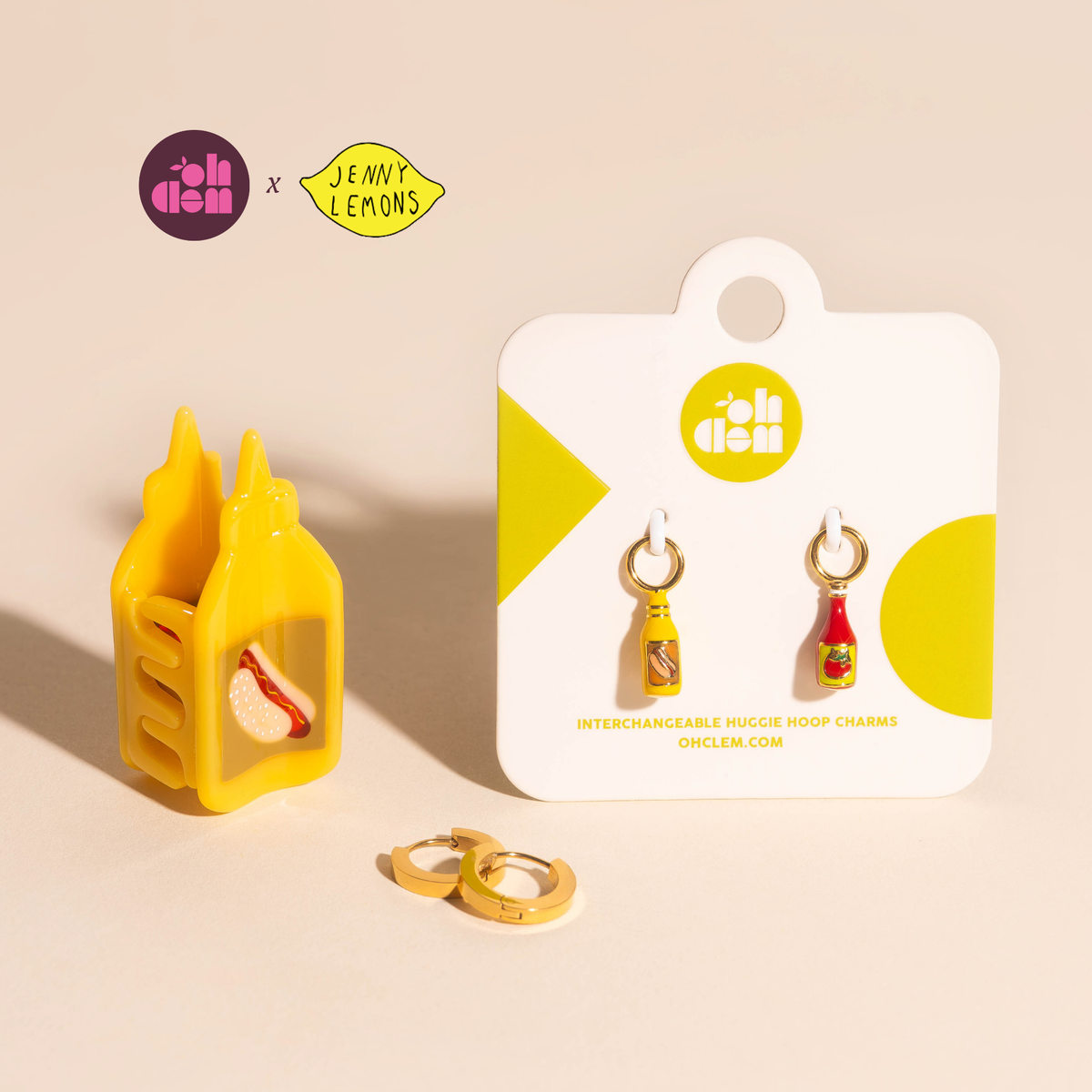 Mini Mustard Hair Claw Clip + Ketchup & Mustard Huggie Hoop Charms