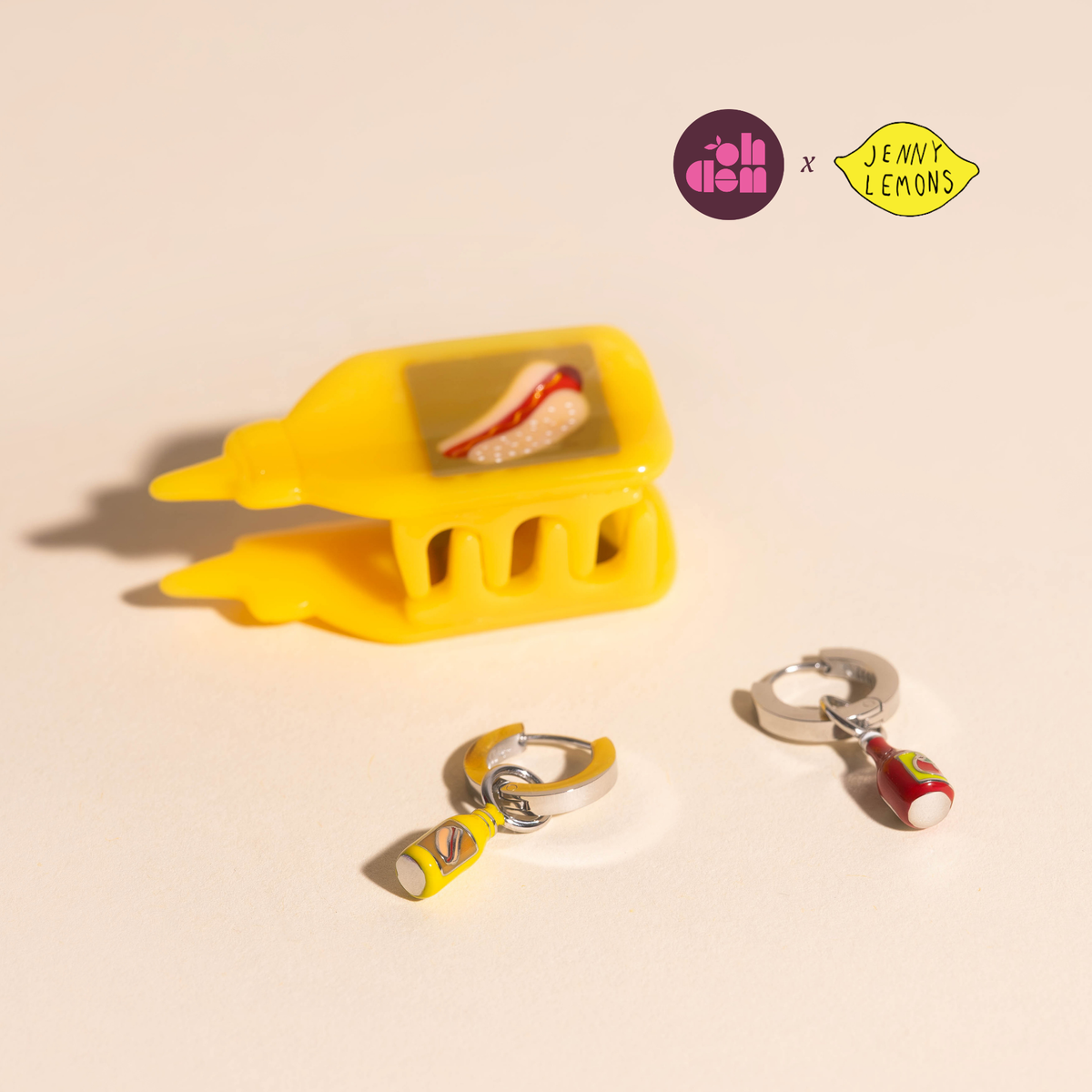 Mini Mustard Hair Claw Clip + Ketchup & Mustard Huggie Hoop Charms