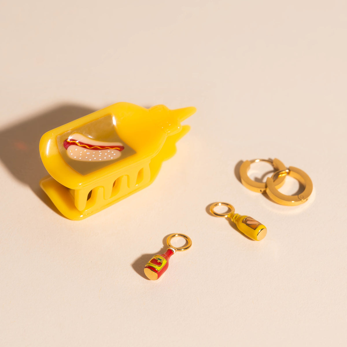 Mini Mustard Hair Claw Clip + Ketchup & Mustard Huggie Hoop Charms