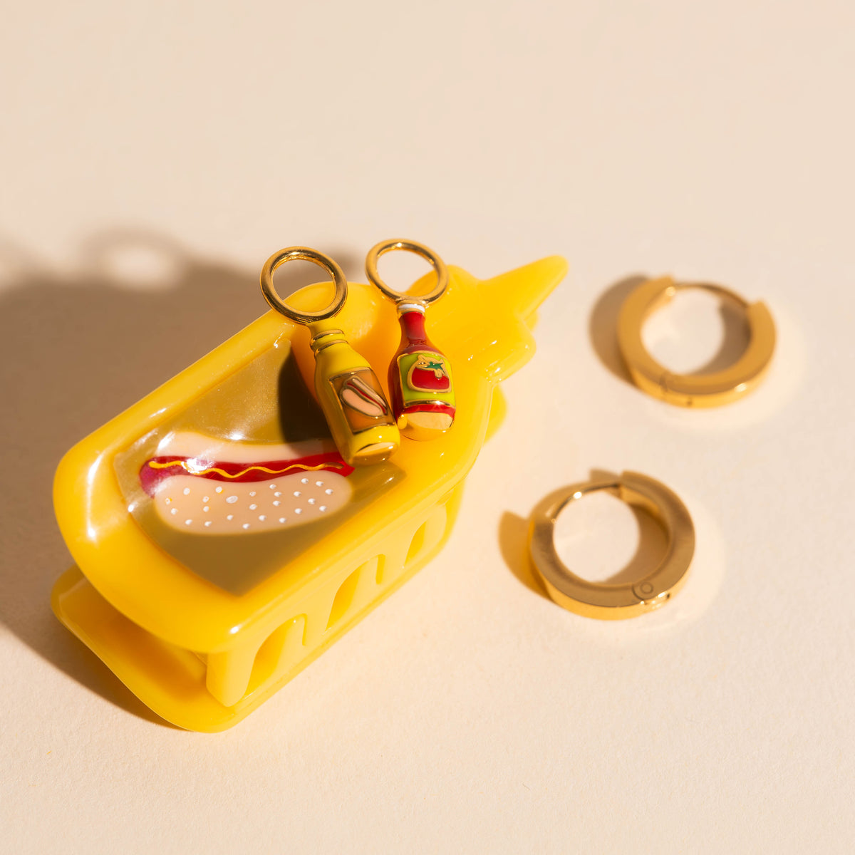 Mini Mustard Hair Claw Clip + Ketchup & Mustard Huggie Hoop Charms