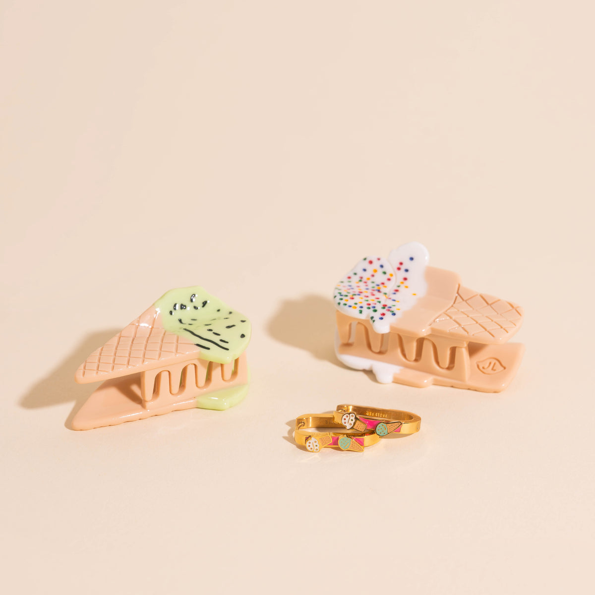 Mini Sprinkle Ice Cream Hair Claw Clip + 3D Ice Cream Cone Huggie Hoops