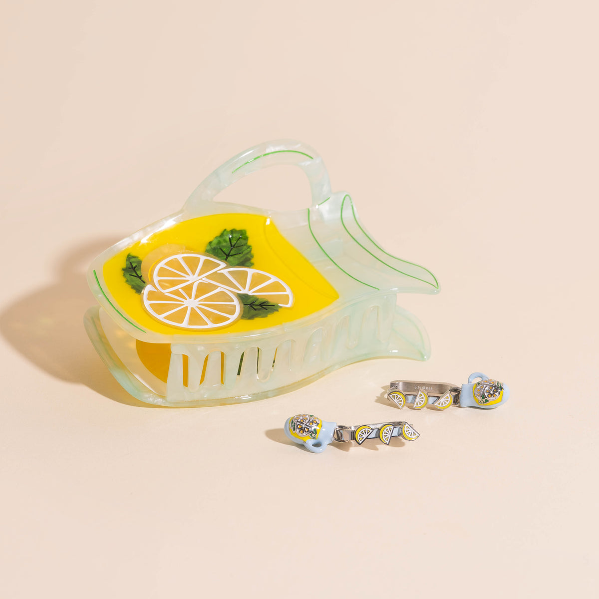 Large Lemonade Pitcher Hair Claw Clip + 3D Lemonade Hoop + Pitcher Charms