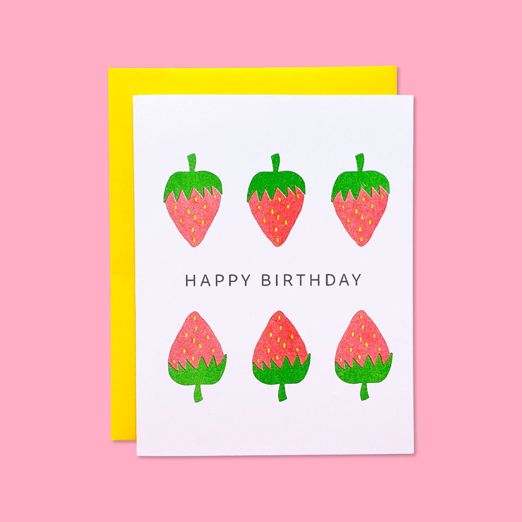 Strawberry Birthday Risograph Card Stationery/Stickers/Cards Jenny Lemons 